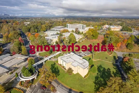 Aerial shot of A-B Tech campus with #abtechstrong text overlay.